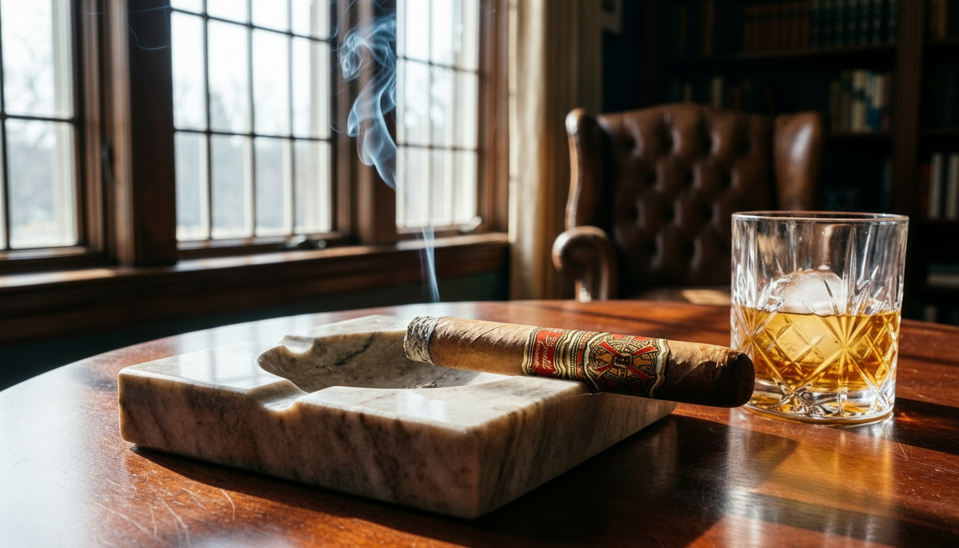 A lit Arturo Fuente Opus X cigar with a long and perfectly formed ash.