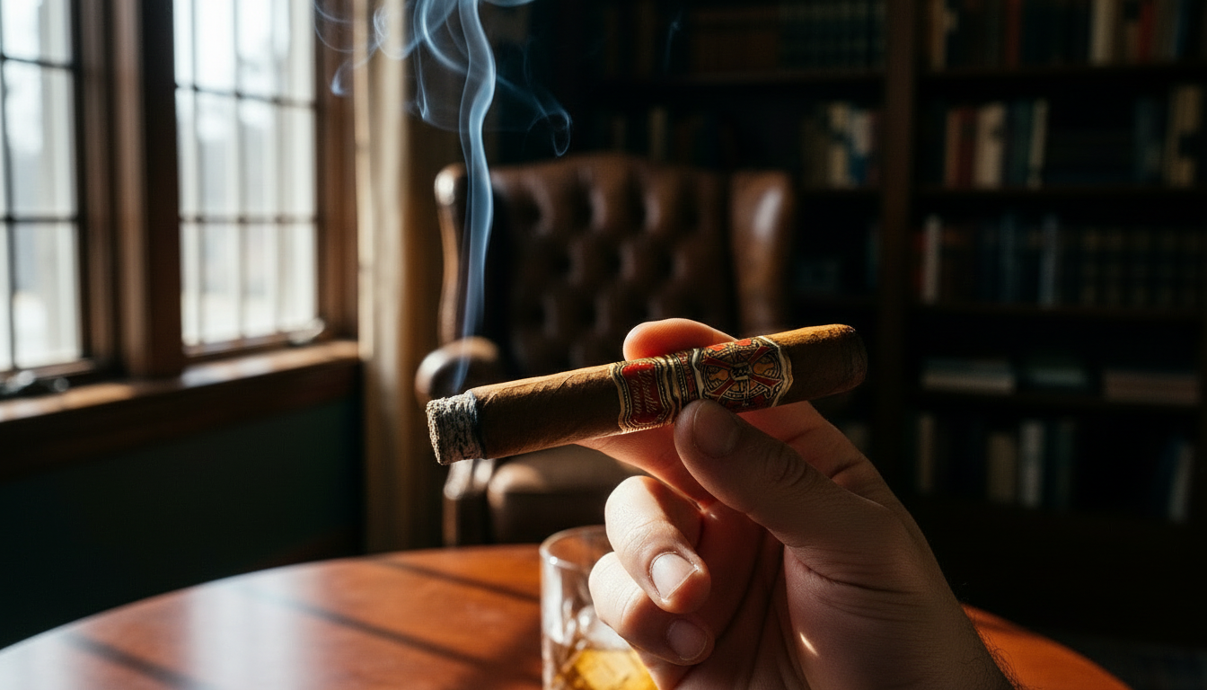 A person holding the final third of a lit Arturo Fuente Opus X cigar.