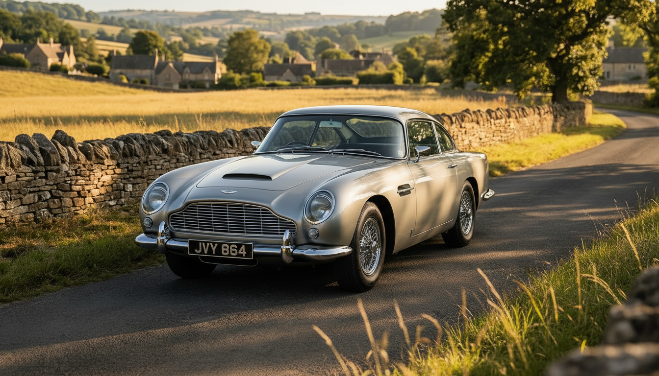 Front three-quarter view of the Aston Martin DB5, highlighting the grille and headlamps.