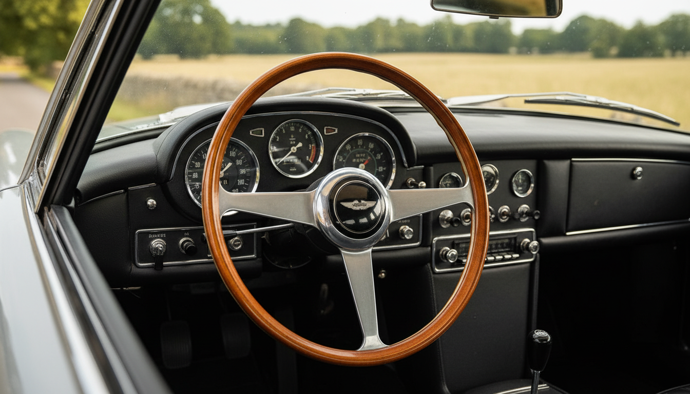 The dashboard of an Aston Martin DB5, showing the wooden steering wheel and Smiths dials.