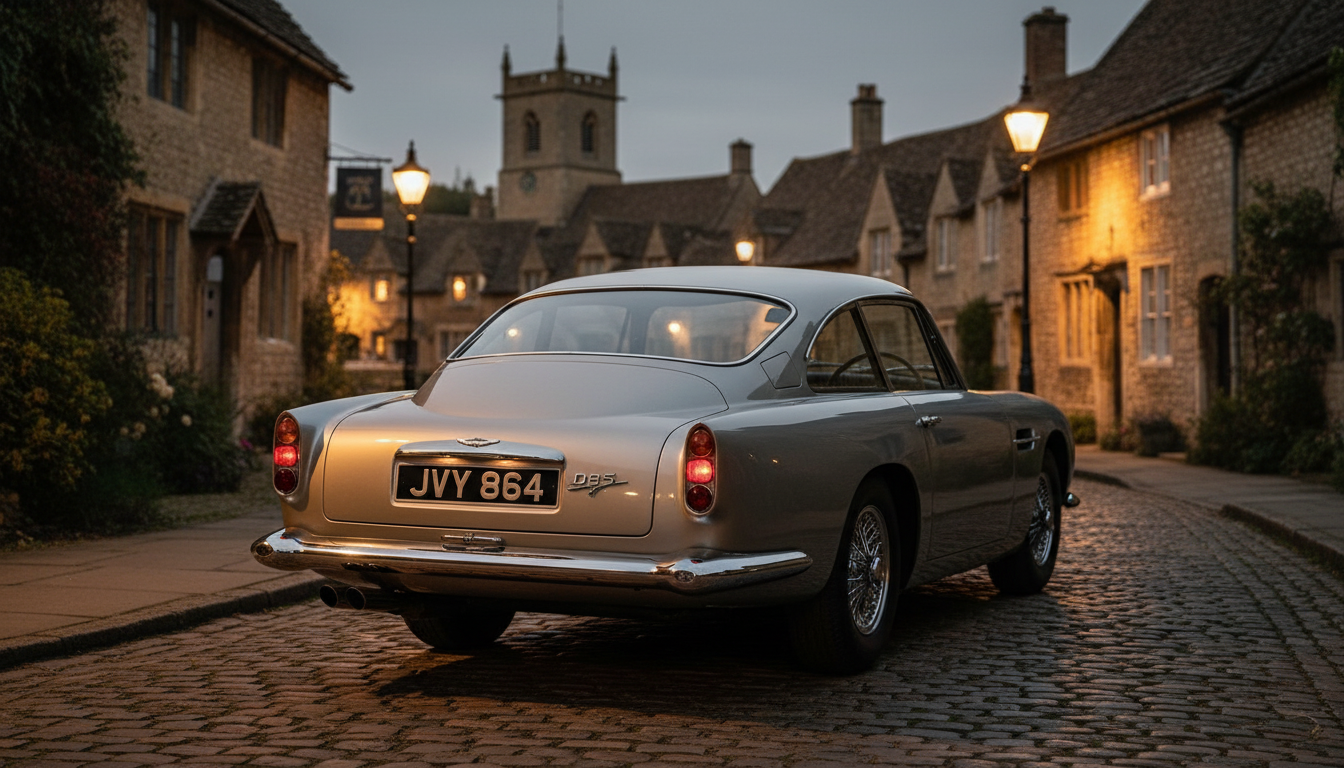 The rear view of an Aston Martin DB5, showing its fastback profile.