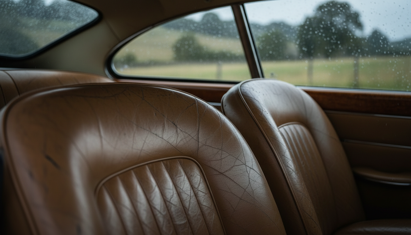 Close-up of the worn Connolly leather seat inside an Aston Martin DB5.