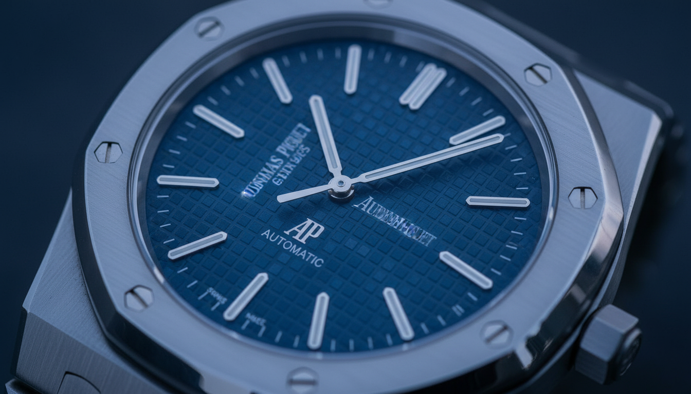 Macro detail of the Royal Oak 16202's blue tapisserie dial.