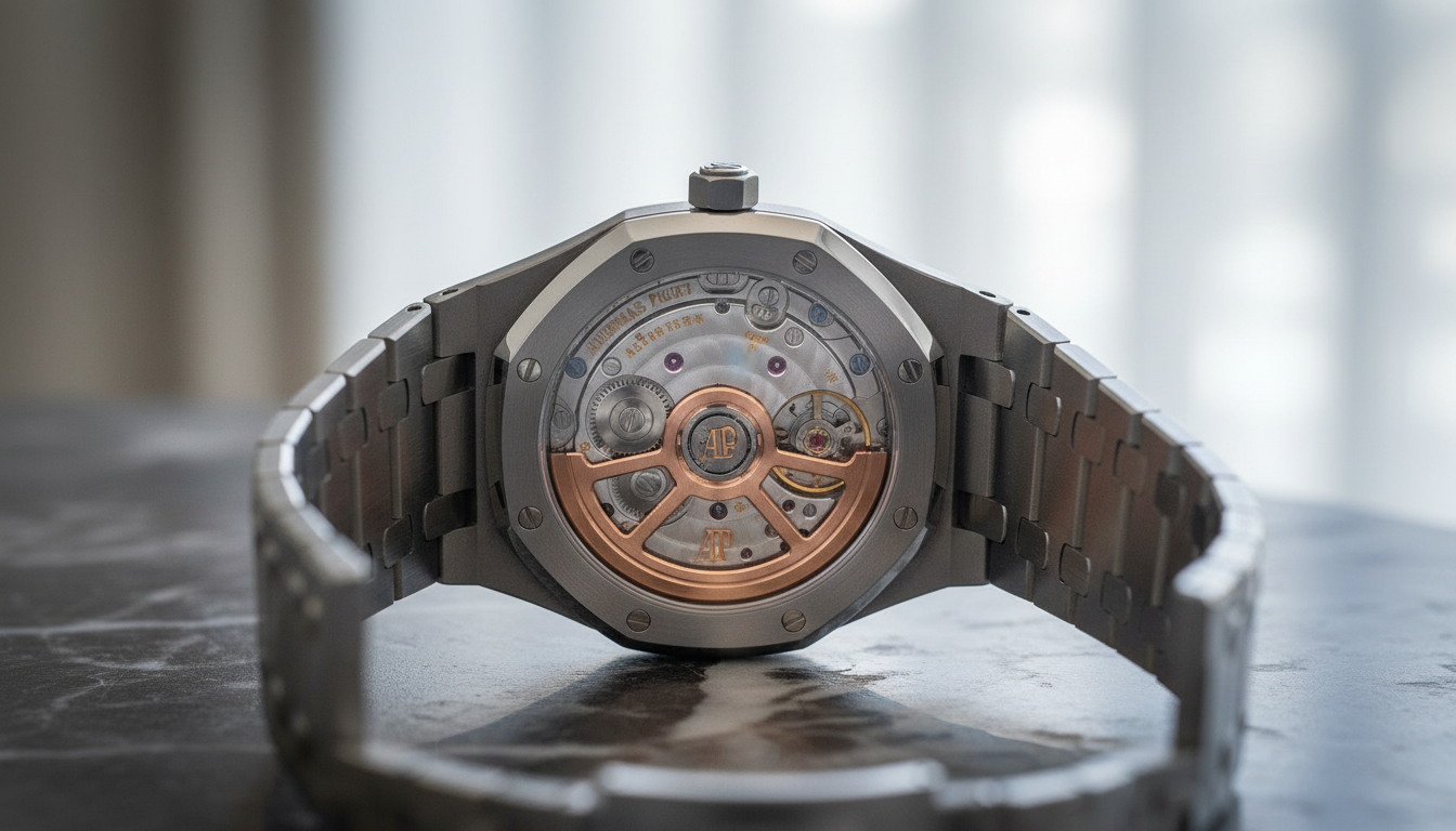 The Calibre 7121 movement seen through the caseback of the Royal Oak 16202.