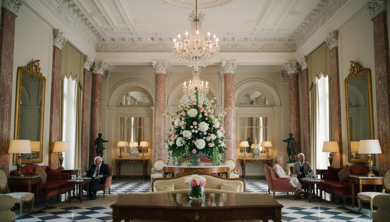The historic and grand lobby of the Beau-Rivage Palace, showing its soaring columns and elegant decor.