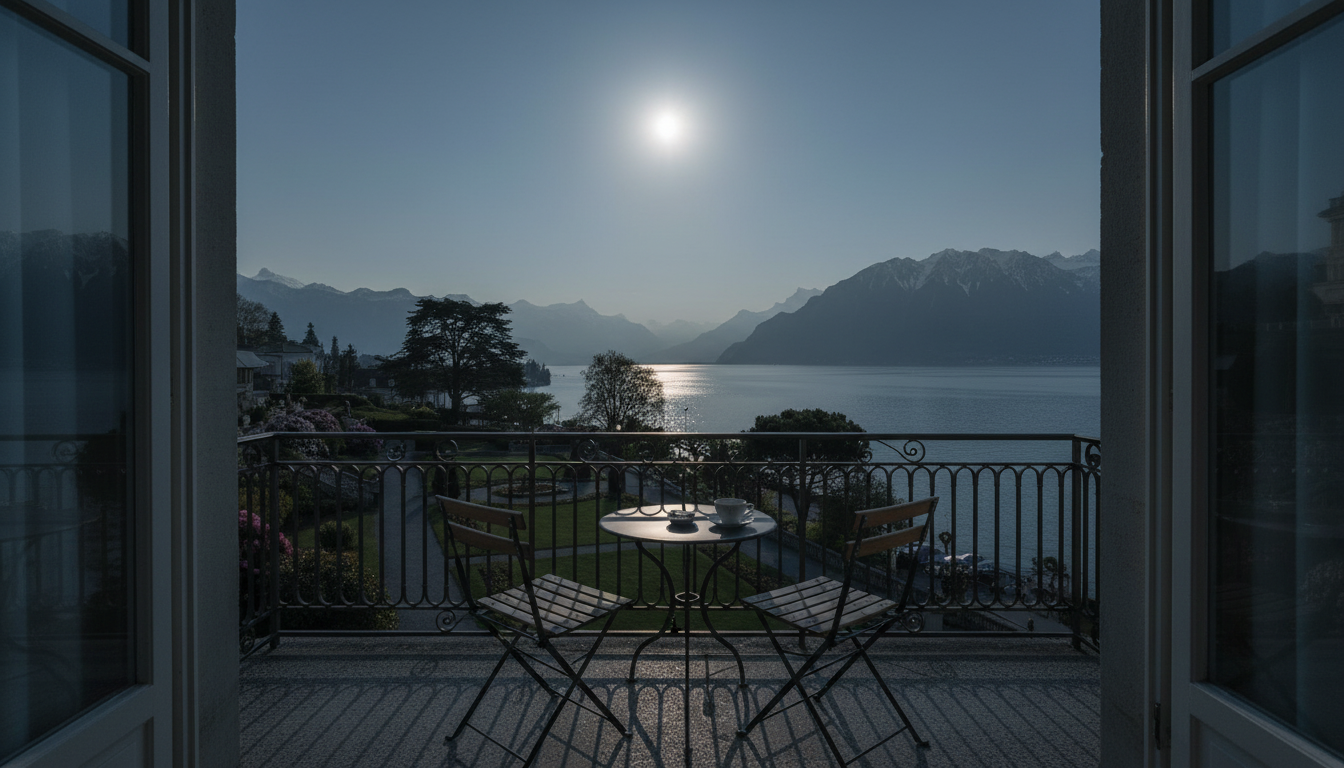 A stunning view of Lake Geneva and the distant Alps as seen from a hotel room balcony.