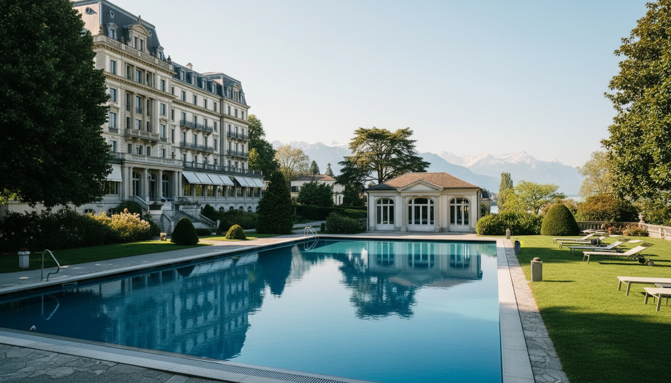The serene outdoor pool at the Beau-Rivage Palace, nestled within its private gardens.