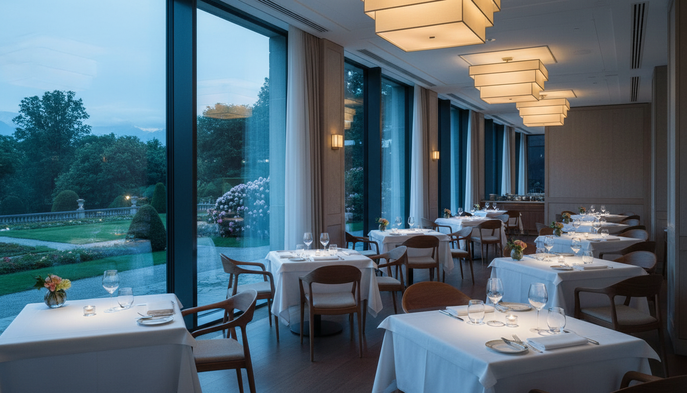 The refined and contemporary dining room of the two-Michelin-starred Anne-Sophie Pic restaurant.