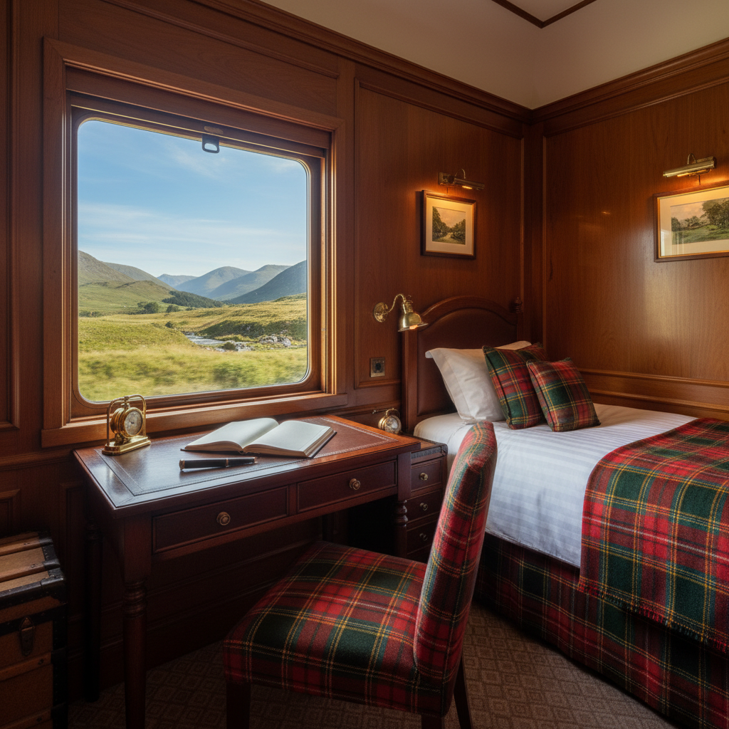 A wood-panelled cabin on the Royal Scotsman.