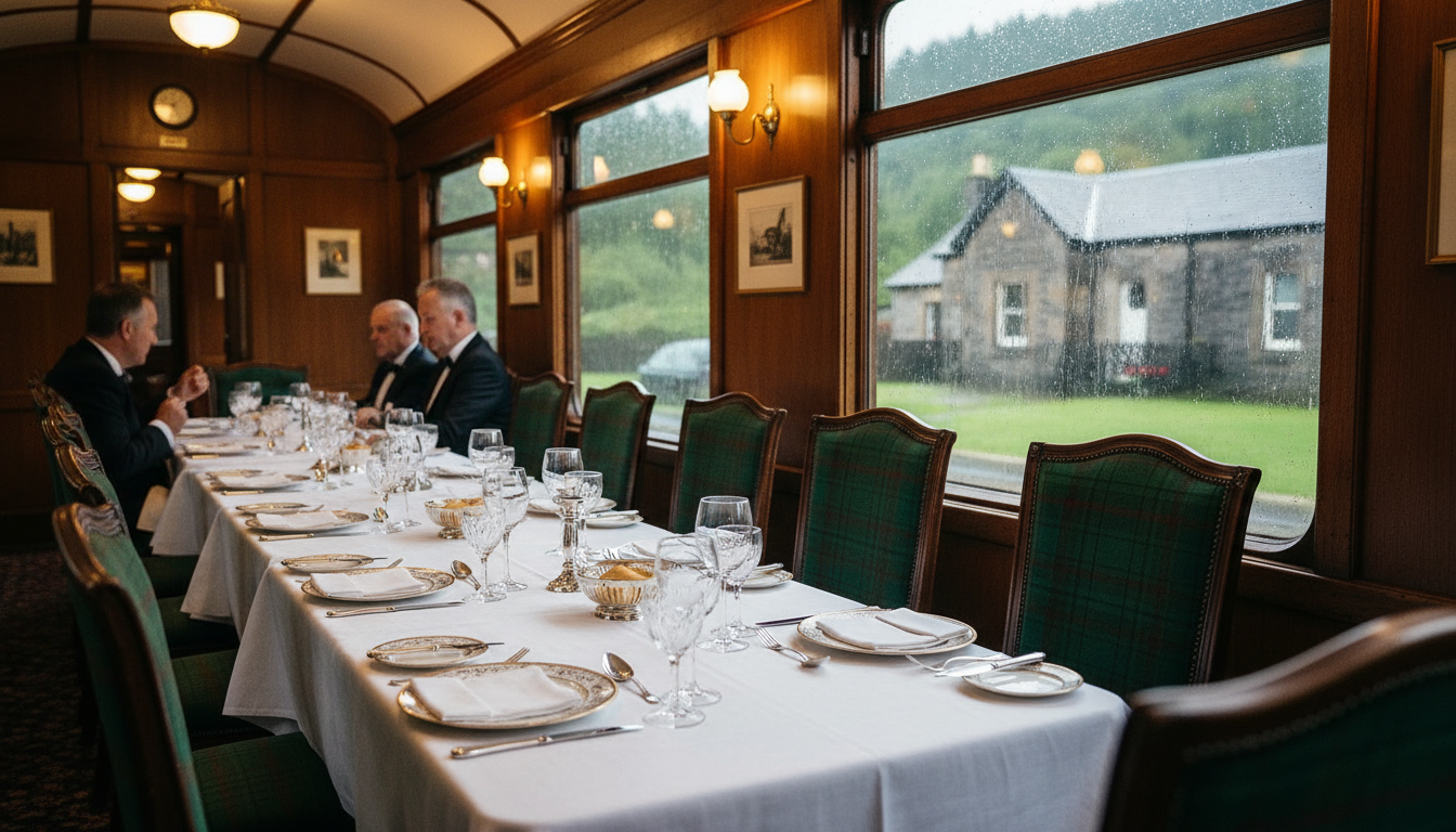 A formal dining table set on the Royal Scotsman.