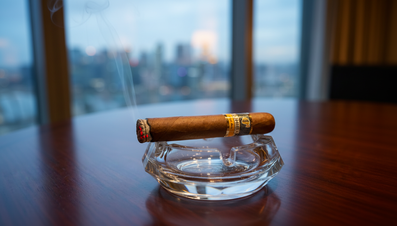 The lit end of a Cohiba Robusto cigar resting in a crystal ashtray.