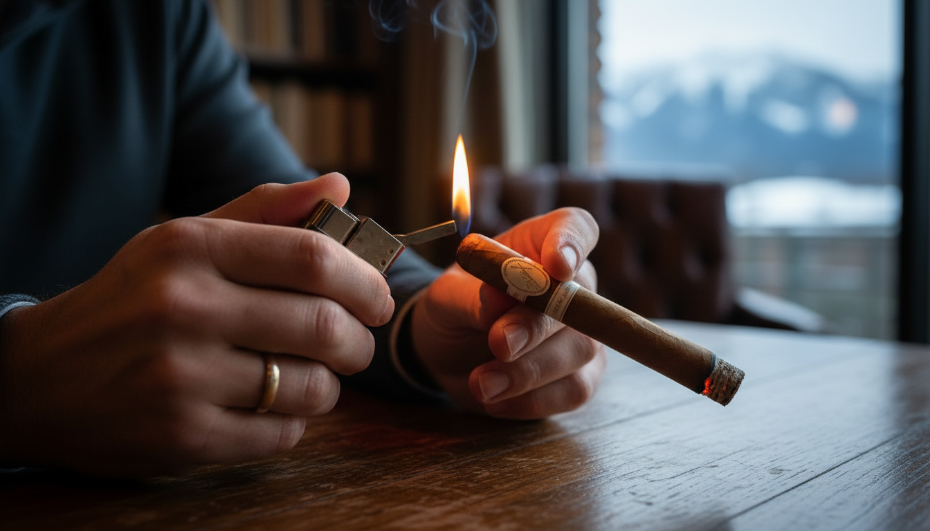 The foot of a Davidoff cigar being toasted with a soft flame.