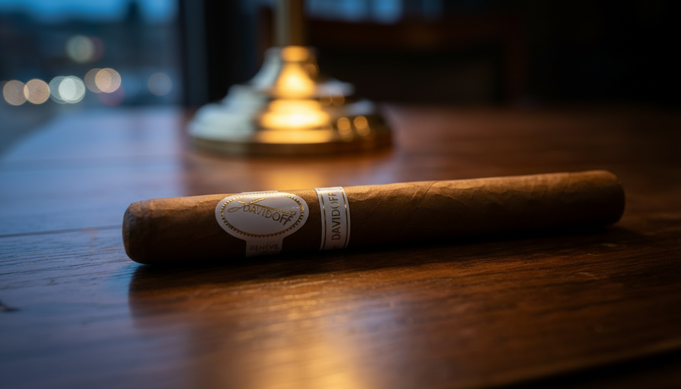 Macro shot of the white and gold Davidoff cigar band.
