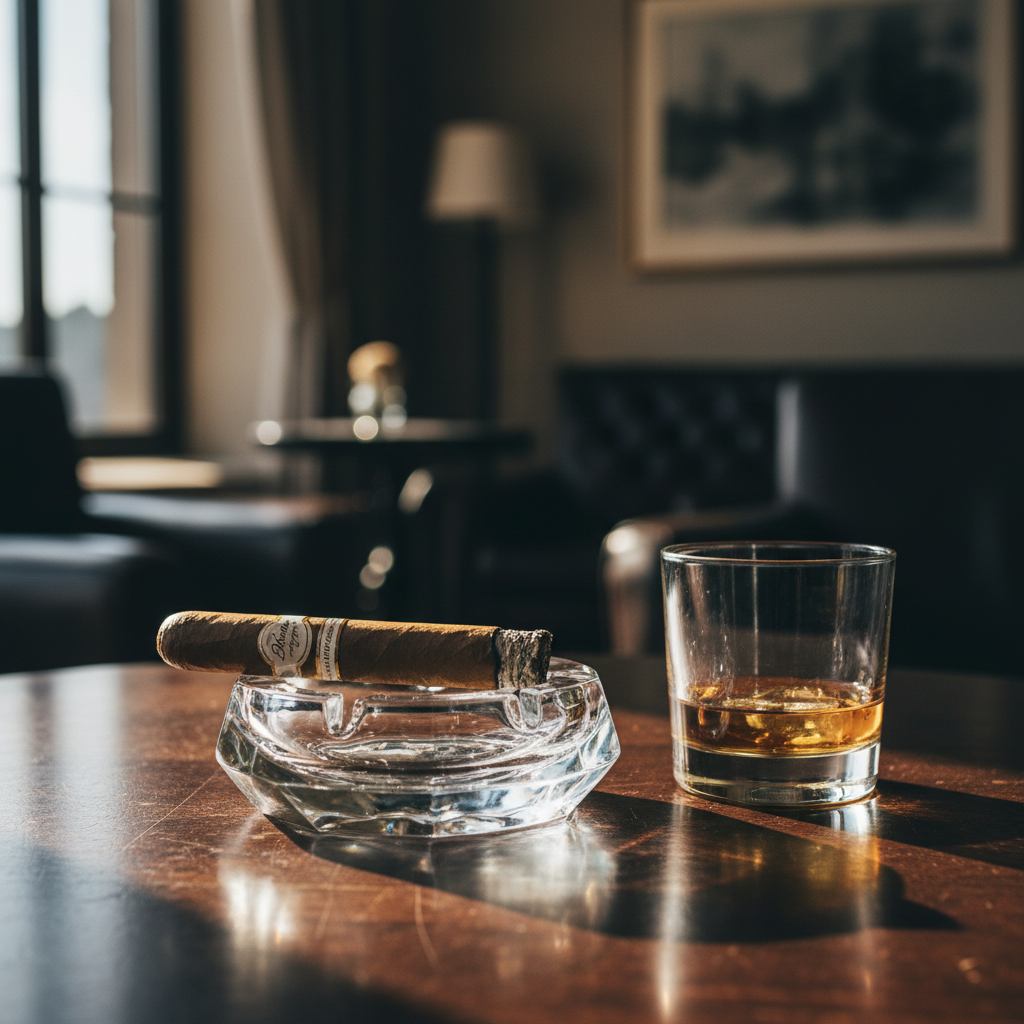 The end of a Davidoff cigar in an ashtray next to a glass of whisky.