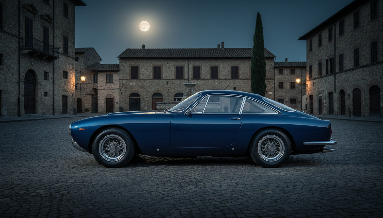The elegant side profile of a dark blue Ferrari 250 GT Lusso.