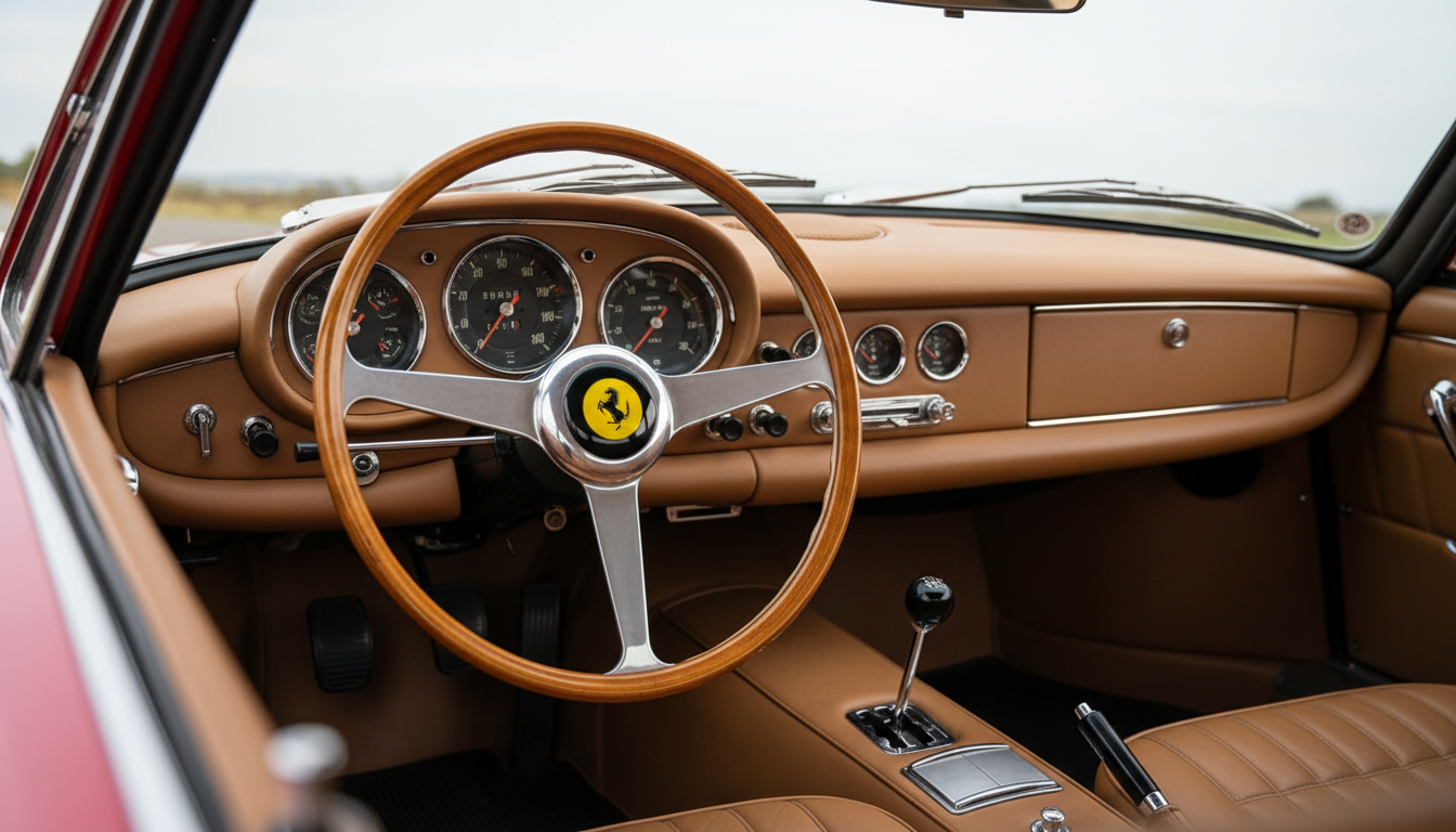 The driver-focused cockpit of the Ferrari 250 GT Lusso.