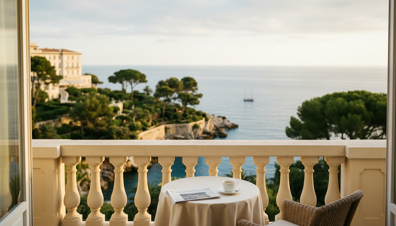 View from a suite's terrace at the Grand-Hôtel du Cap-Ferrat, showing a table and chairs with the sea beyond.