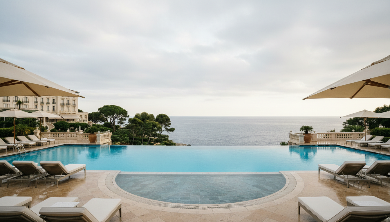 The long, blue seawater swimming pool of Club Dauphin, with lounge chairs and the sea in the distance.