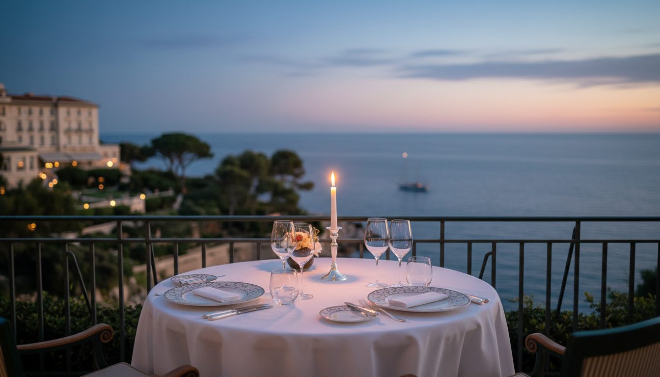 An elegantly set dining table on the outdoor terrace of Le Cap restaurant at night.
