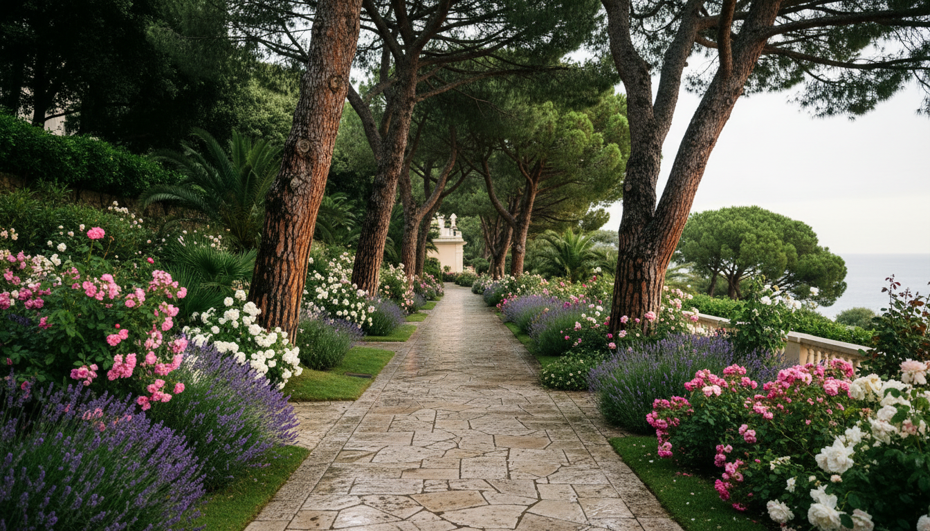 A stone pathway curving through the lush, green gardens of the Grand-Hôtel du Cap-Ferrat.