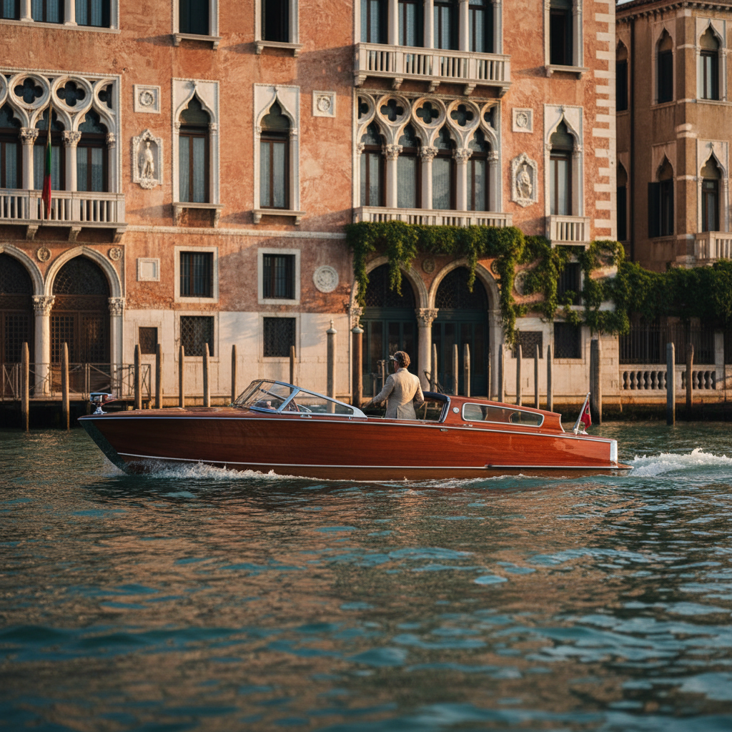 The hotel's private Riva speedboat, 'Il Doge,' on the Grand Canal.