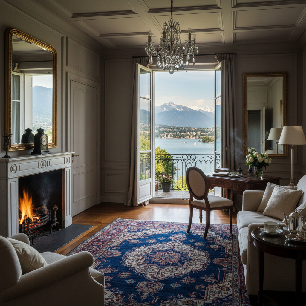 View from a suite at the Hôtel Royal, looking out over a balcony towards Lake Geneva.
