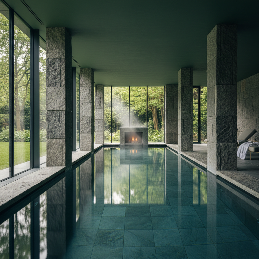 The tranquil indoor swimming pool at the Spa Evian Source.