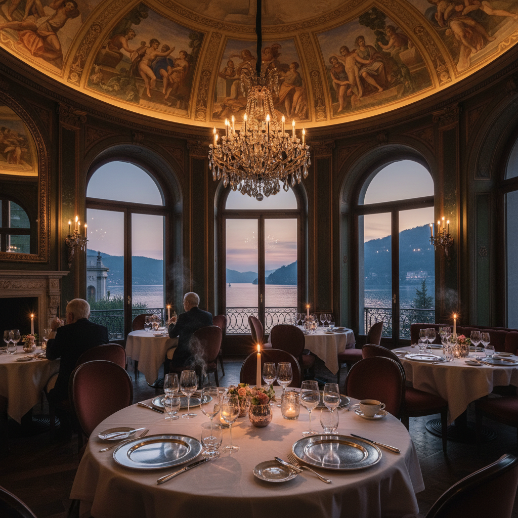 The elegant dining room of Les Fresques restaurant, with its painted ceiling.