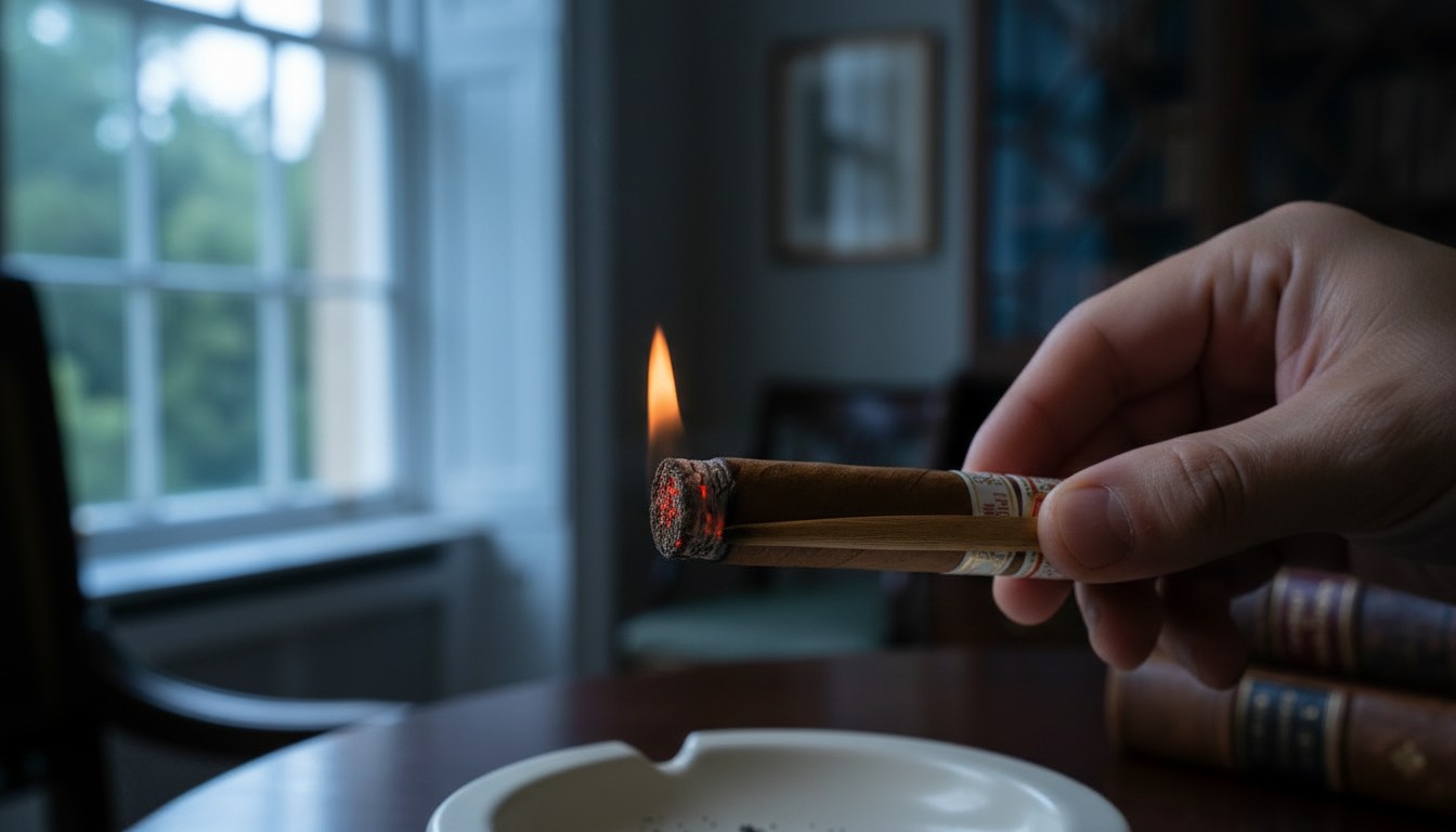 The foot of a Hoyo de Monterrey Epicure No. 2 cigar being carefully lit.