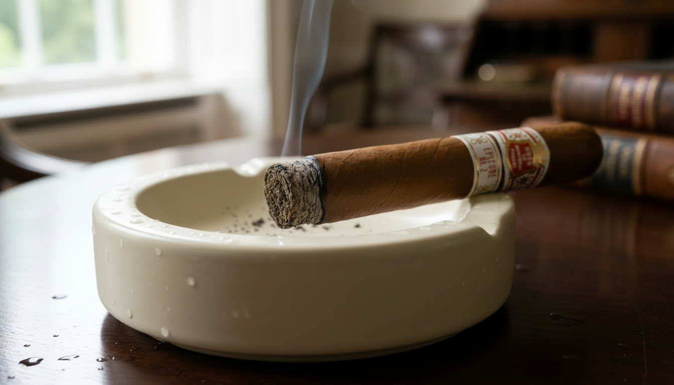 A detailed close-up of the solid, pale grey ash on a Hoyo de Monterrey Epicure No. 2.
