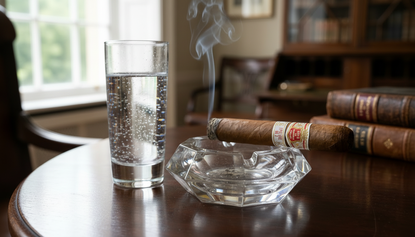A Hoyo de Monterrey Epicure No. 2 cigar rests on an ashtray, a thin trail of smoke curling upwards.