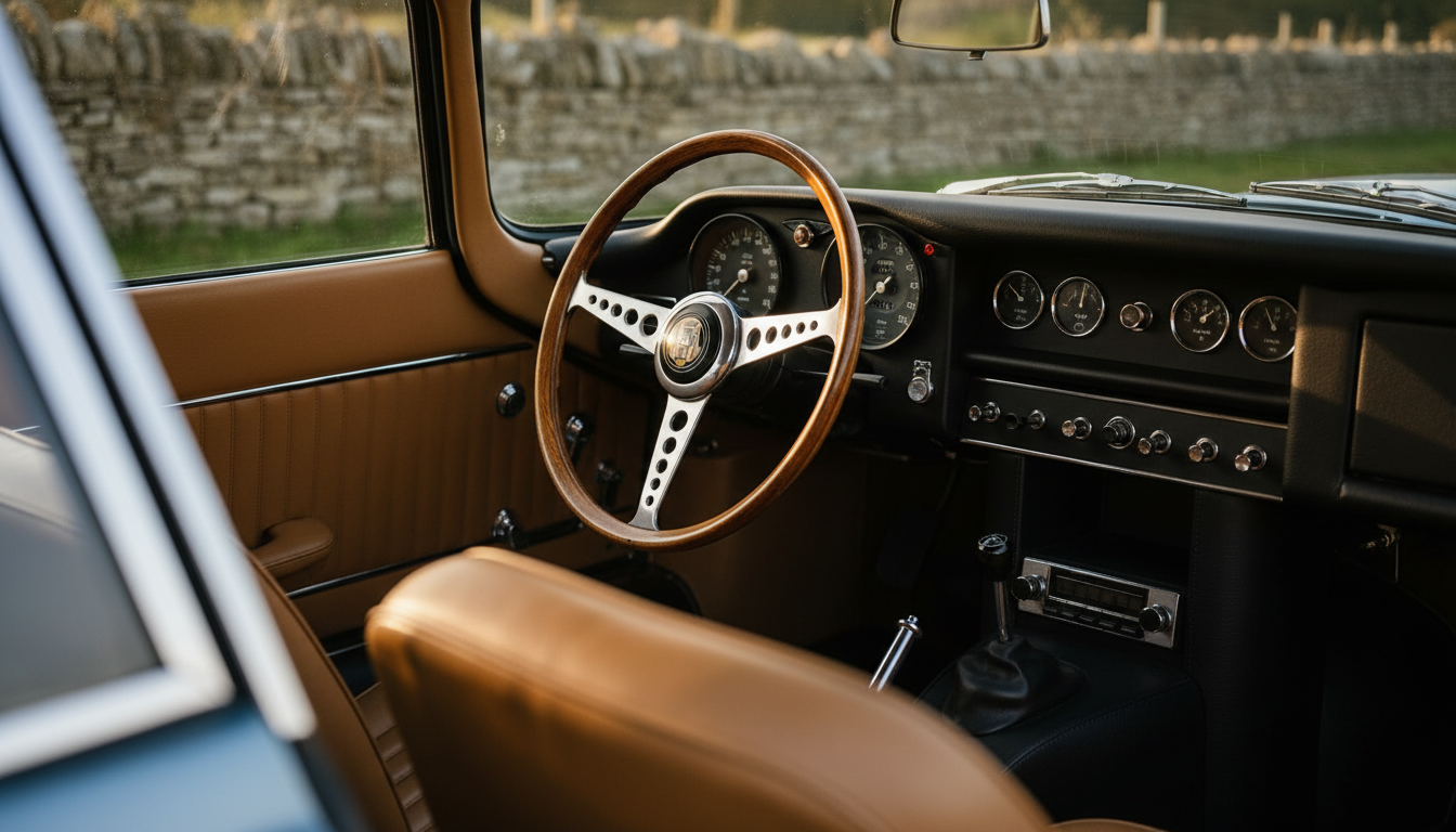 The driver's view inside a classic Jaguar E-Type, showing the wooden steering wheel and an array of analogue gauges.