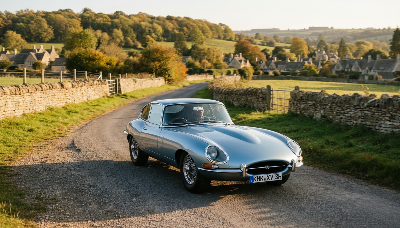 A silver-blue Jaguar E-Type driving through a picturesque English village.