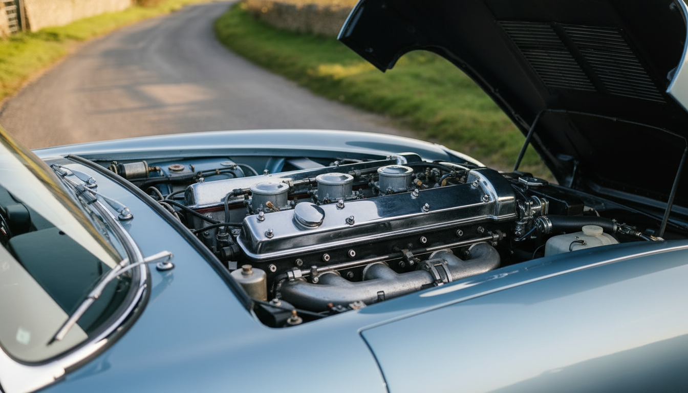 The complex and beautiful straight-six engine of the Jaguar E-Type.