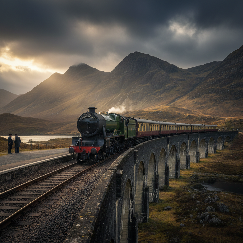 A train snakes through a vast, empty moorland in the Scottish Highlands.