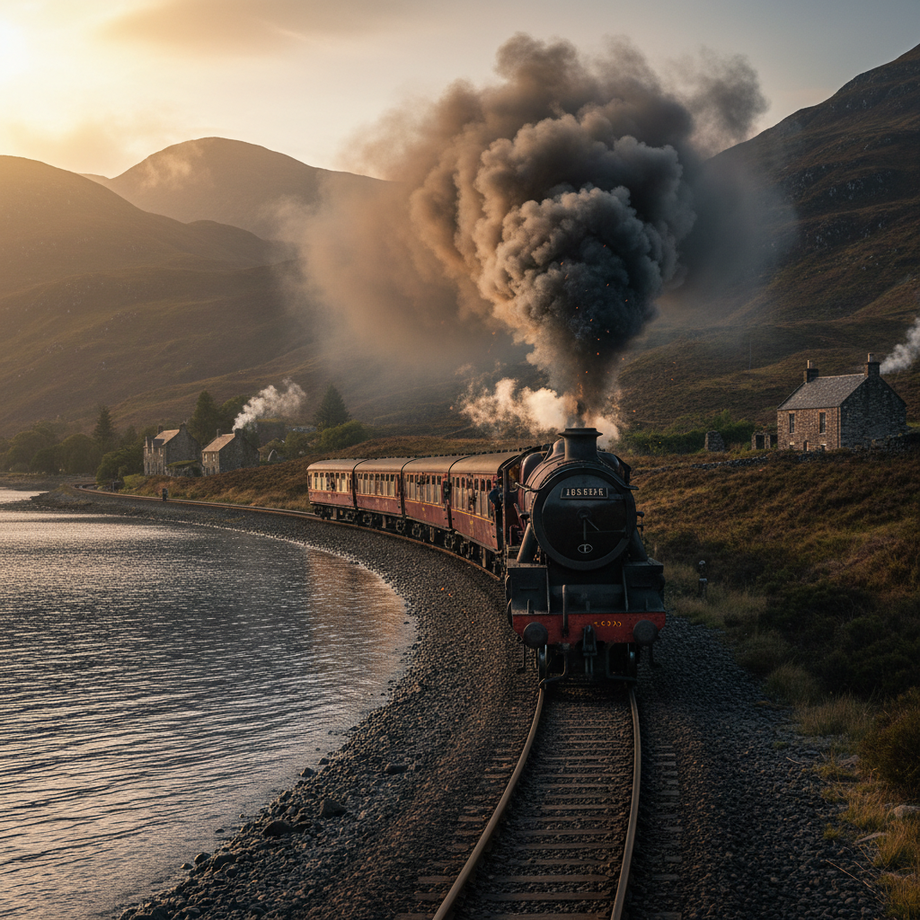 A train runs alongside the waters of a sea loch on the west coast of Scotland.