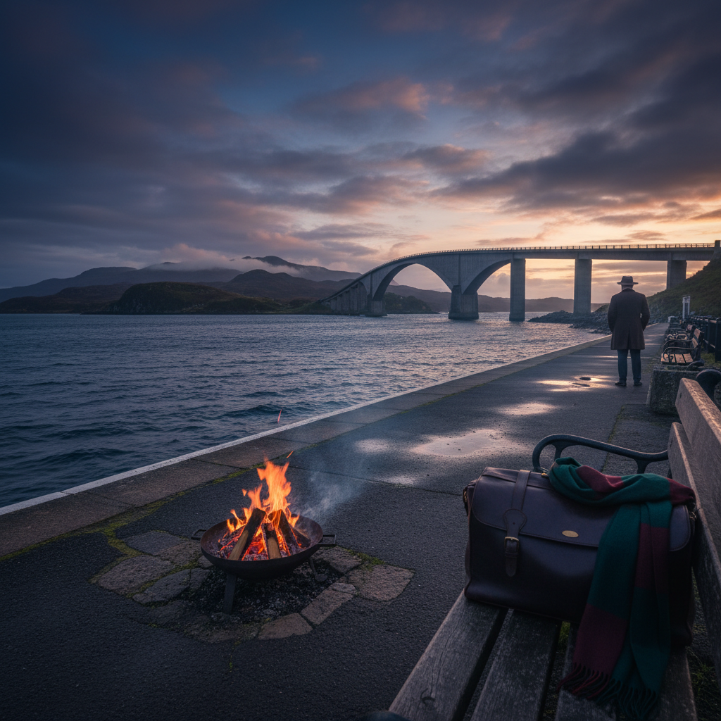 The view from the Kyle of Lochalsh station platform towards the Skye Bridge.