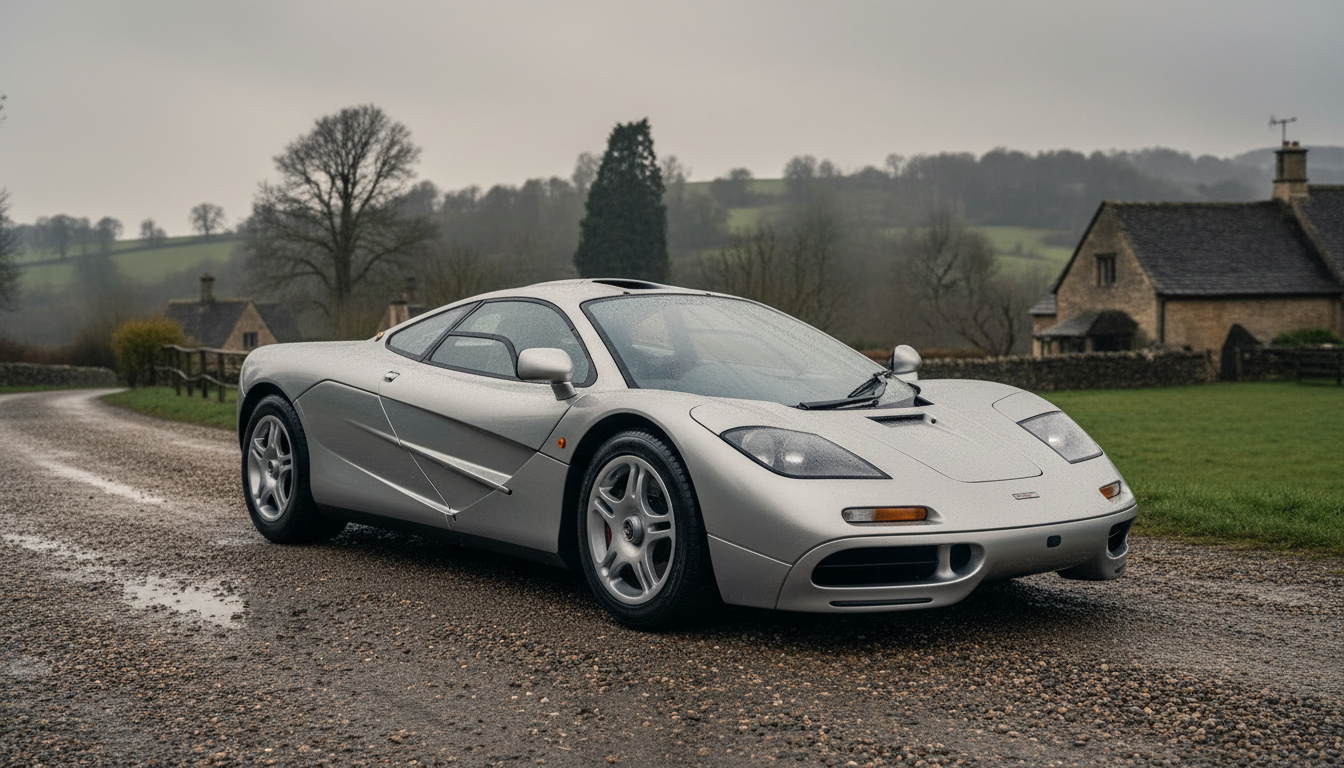 Front three-quarter view of a silver McLaren F1, highlighting its sleek, aerodynamic design.