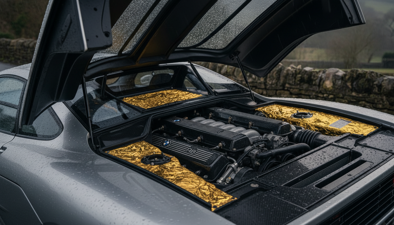The engine bay of the McLaren F1, showing the distinctive gold foil heat shield around the BMW V12 engine.
