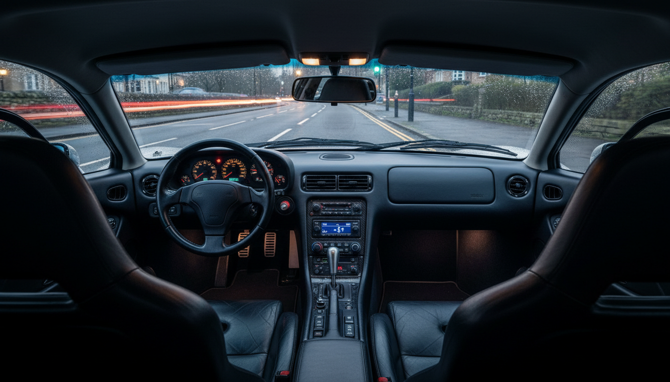 Interior of the McLaren F1, showing the unique central driver's seat flanked by two passenger seats.