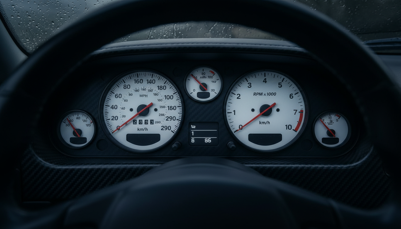 Close-up of the McLaren F1's analogue instrument cluster, showing the tachometer and other gauges.