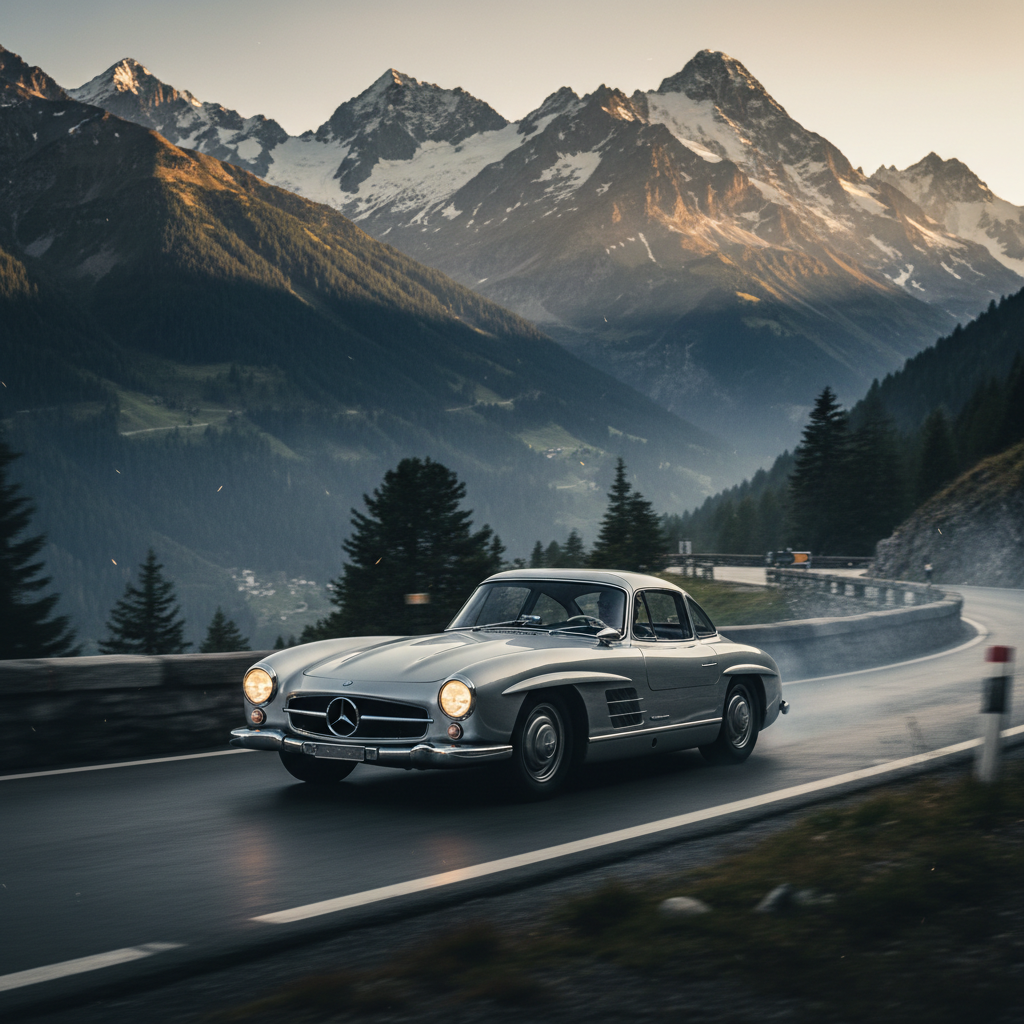 A silver 300 SL Gullwing navigating a scenic and winding mountain pass.
