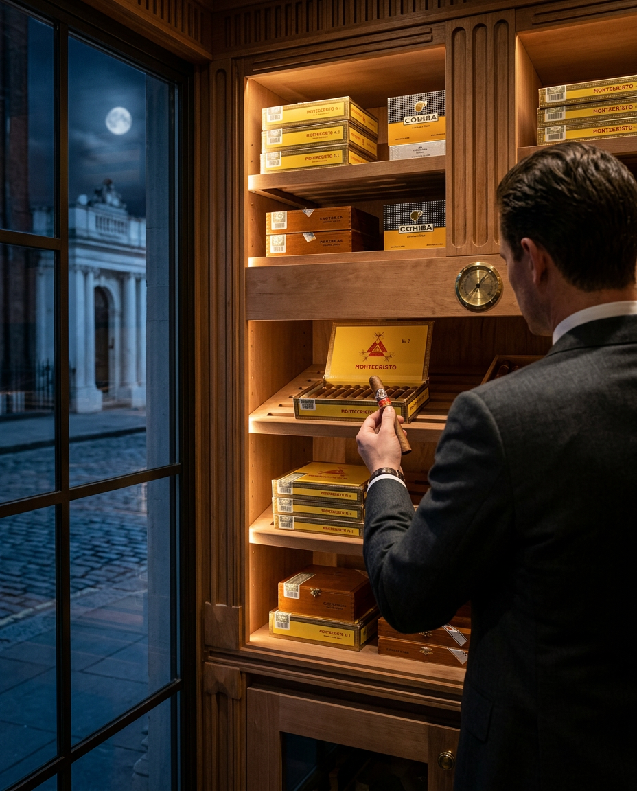 A man selecting a cigar from a well-stocked walk-in humidor.