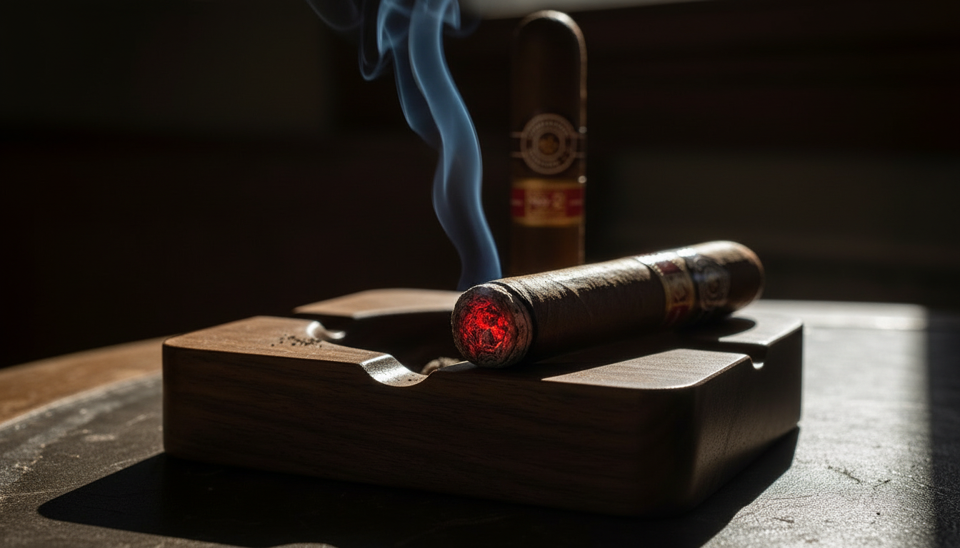A macro shot of the glowing ember on the foot of a cigar.
