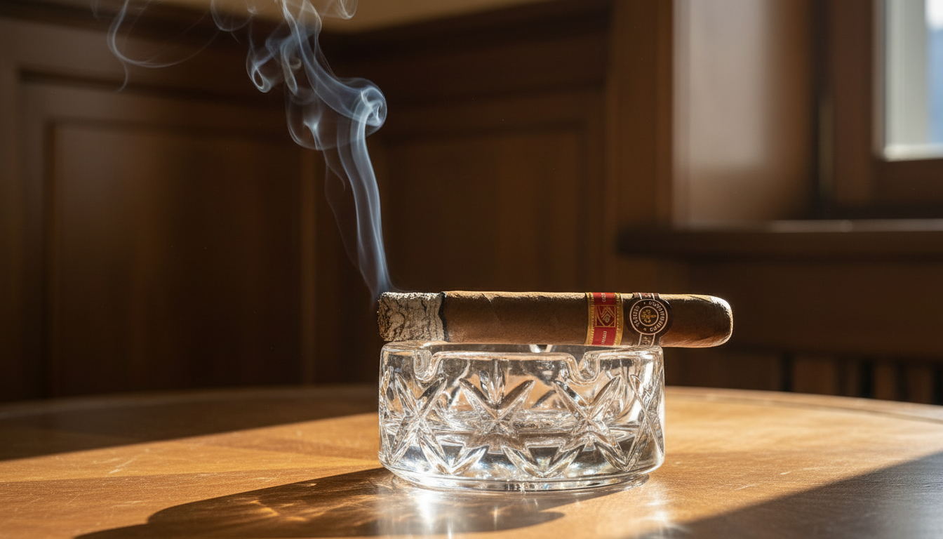 A Montecristo No. 2 cigar with a long, solid ash.