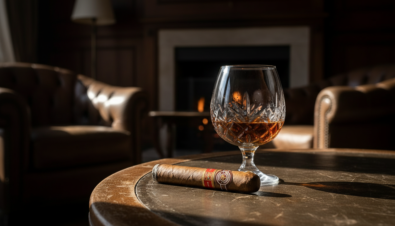 A cigar resting next to a glass of cognac.