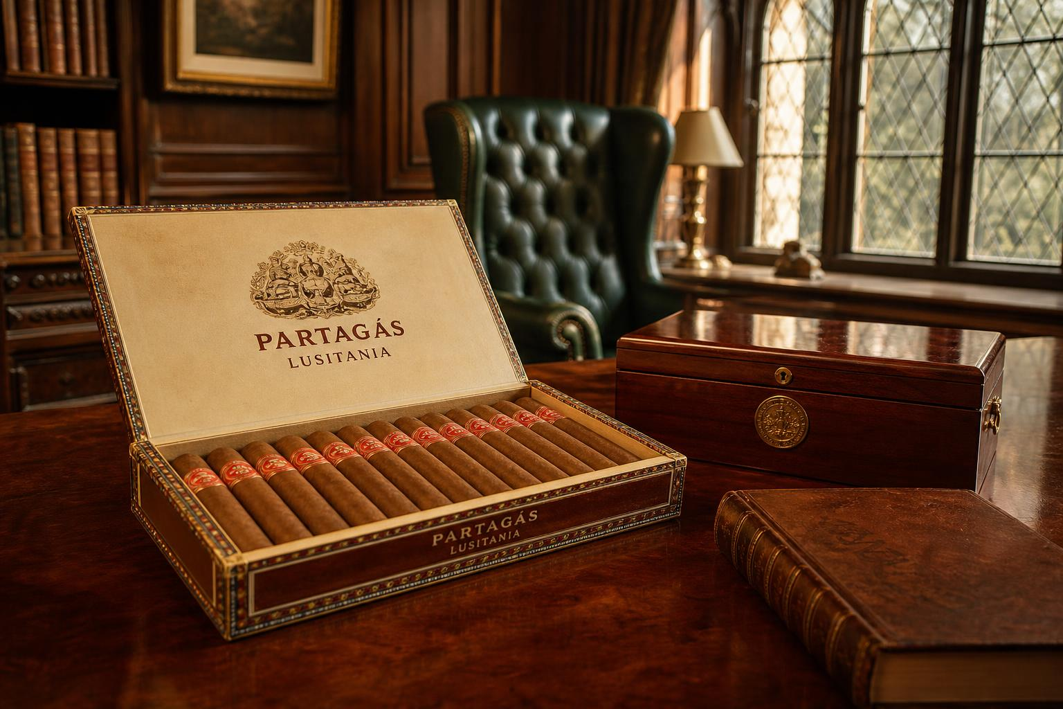 A box of Partagás Lusitania cigars, showing the classic branding.
