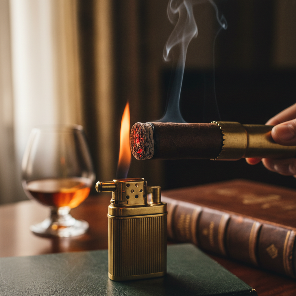 The foot of a large cigar being lit with a match.