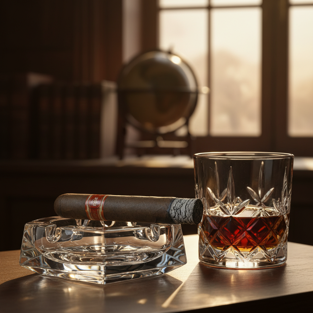 The end of a Partagás Lusitania cigar paired with a glass of rum.