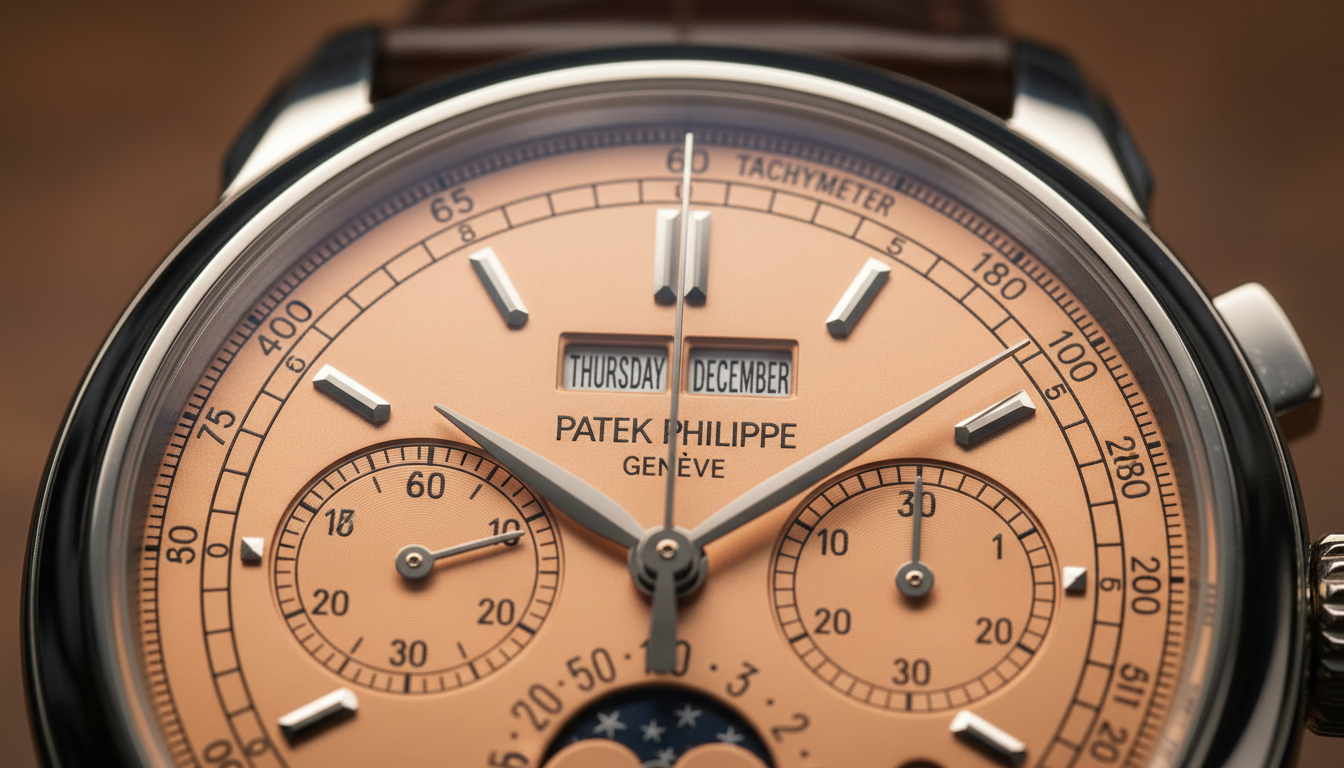 A close-up of the salmon dial of the Patek Philippe 5270P, detailing the perpetual calendar apertures.